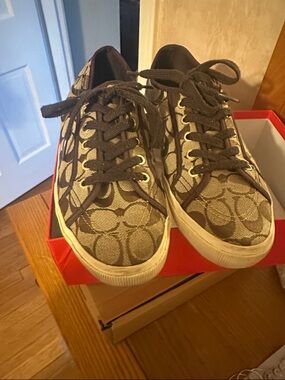 Coach Monogram Canvas Low-Top Sneakers in Brown and Cream
